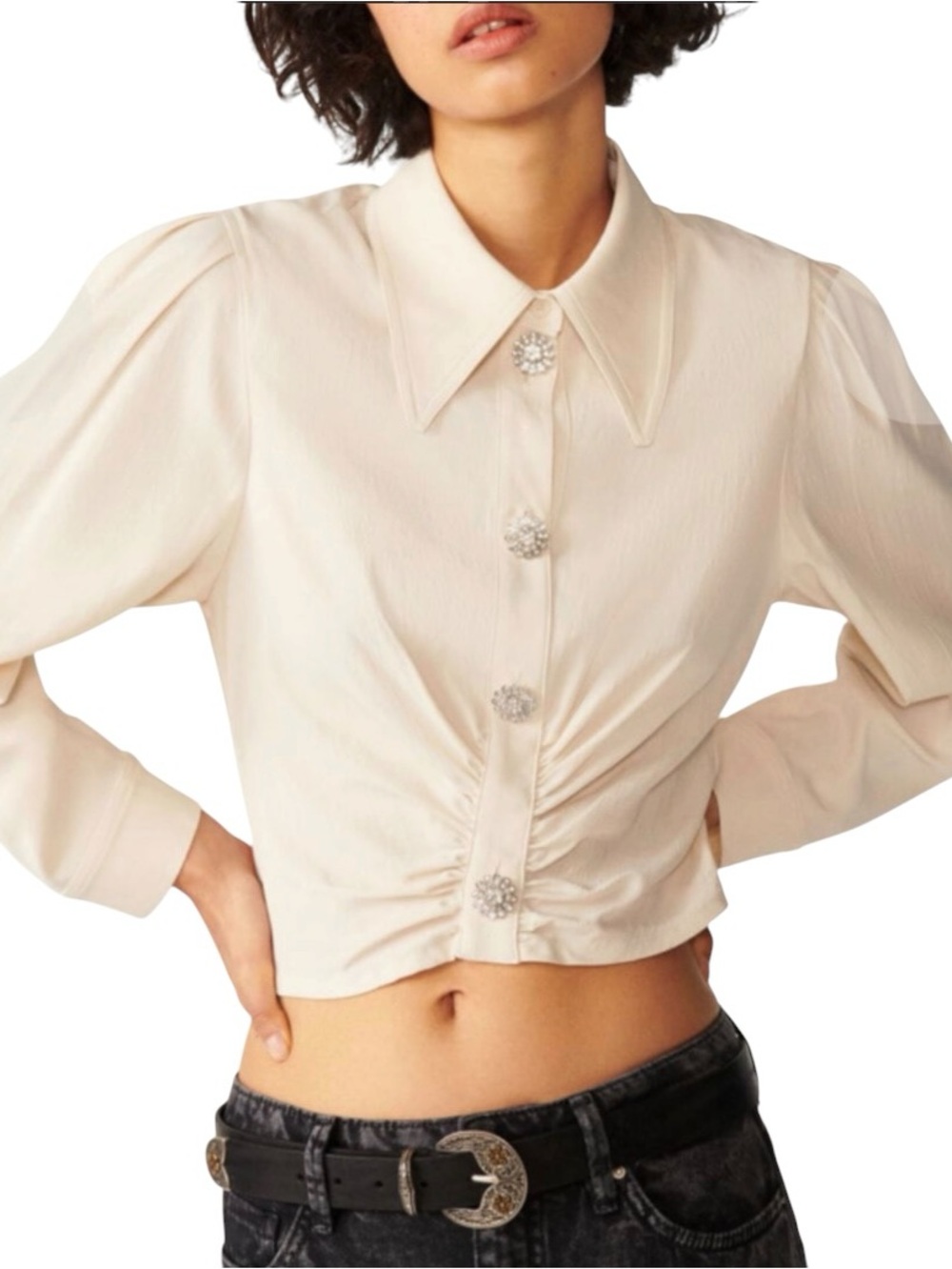 ba&sh Kiss Beige Cropped Rhinestone Button Ruched Satin Blouse Shirt Medium